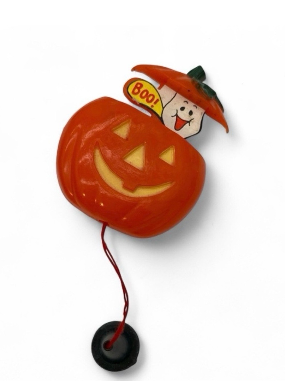 Vintage Halloween Pull-String Pin - “Boo” Jack-o-Lantern and Ghost